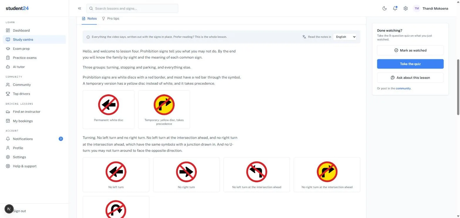 Lesson notes with the road signs beside the paragraphs